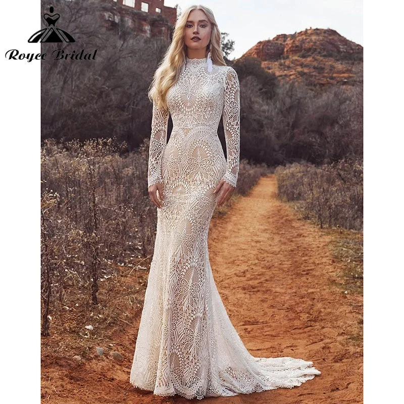 Bridesmaid DressMermaid Boho Beach Wedding Dresses with Back Buttons Lace High Neck Floral Print Long Sleeve Vestidos De Novia Roycebridal 2025 Bridesmaid DressMermaid Boho Beach Wedding Dresses with Back Buttons Lace High Neck Floral Print Long Sleeve Vestidos De Novia Roycebridal 2025