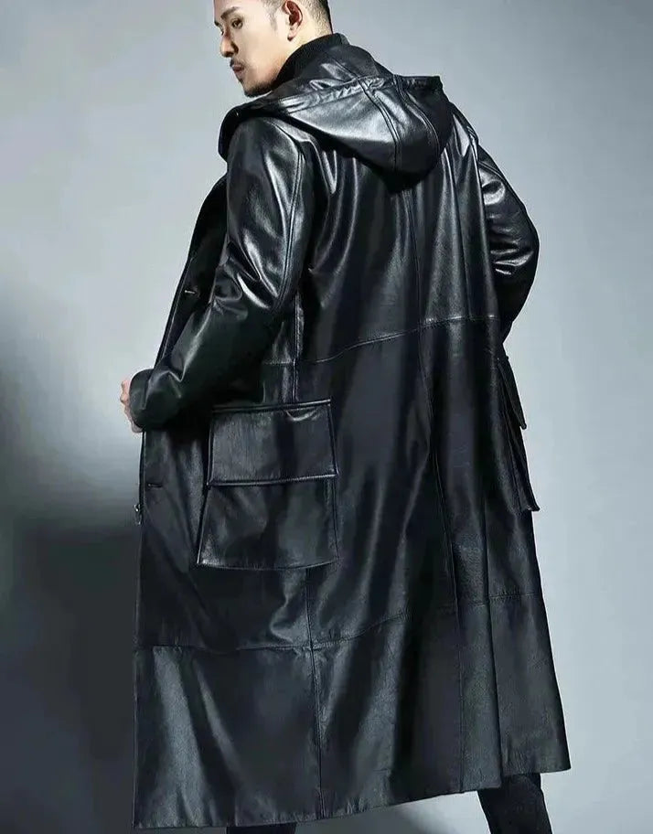 Elegant Men's Wool CoatsMen's Hooded Loose Leather Overcoat