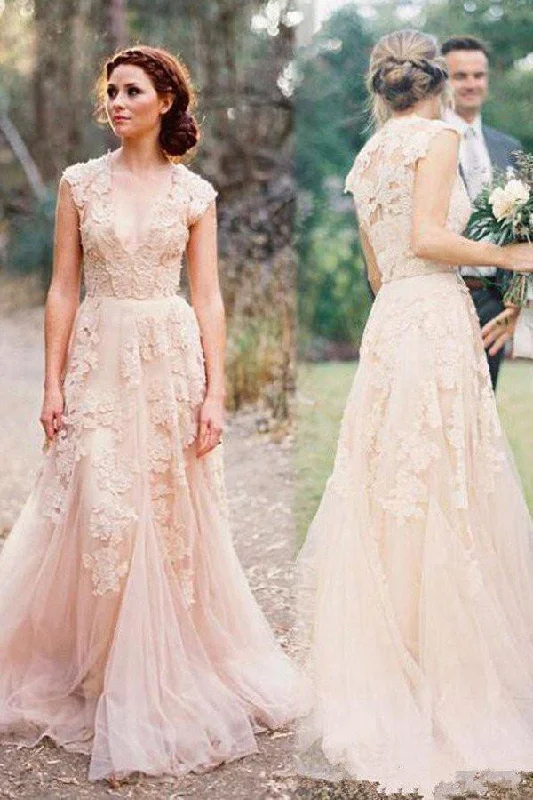 women's party dressesRoycebridal Gorgeous Tulle V-neck Sleeveless Floor-Length Lace Wedding Dresss with Appliques, MW246