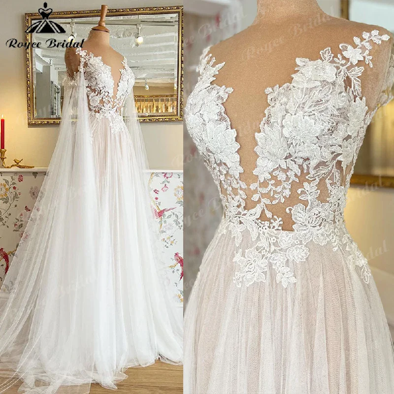 Flutter-Sleeve DressRoycebridal Vinatge Floral Lace Appliques Transparent Illusion Wings Wedding Dress with Detachable Sleeves robe de soirée de mariage 2025