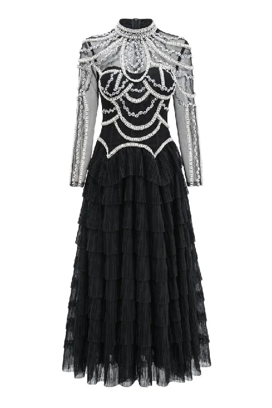 women's mother of the bride dressesLuxury Crystal Pearl Beaded Drop Waist Tiered Tulle Maxi Evening Dress women's mother of the bride dressesLuxury Crystal Pearl Beaded Drop Waist Tiered Tulle Maxi Evening Dress