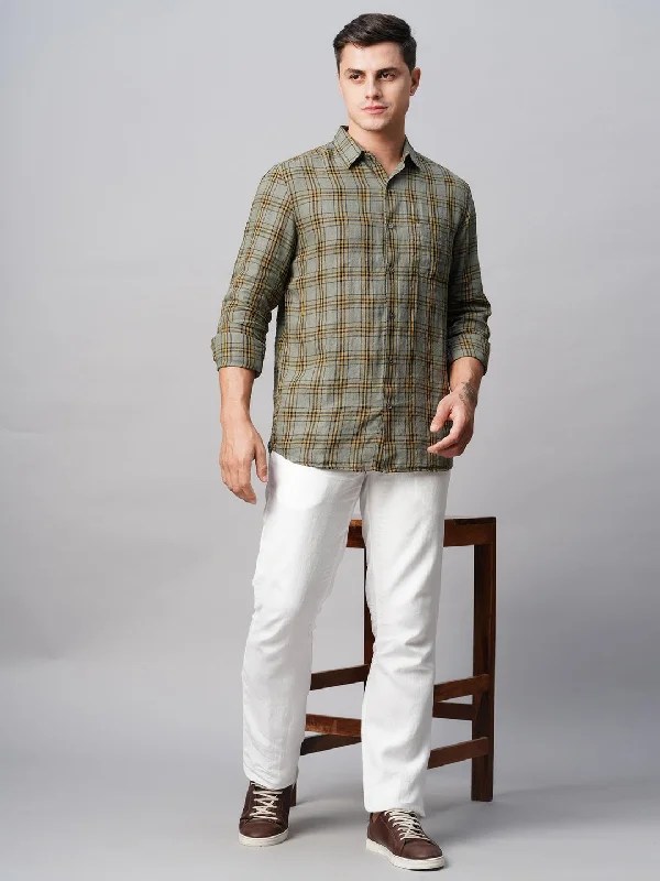 Men's Running Pants for ExerciseMen's Olive 100% Linen Regular Fit Checked Shirt