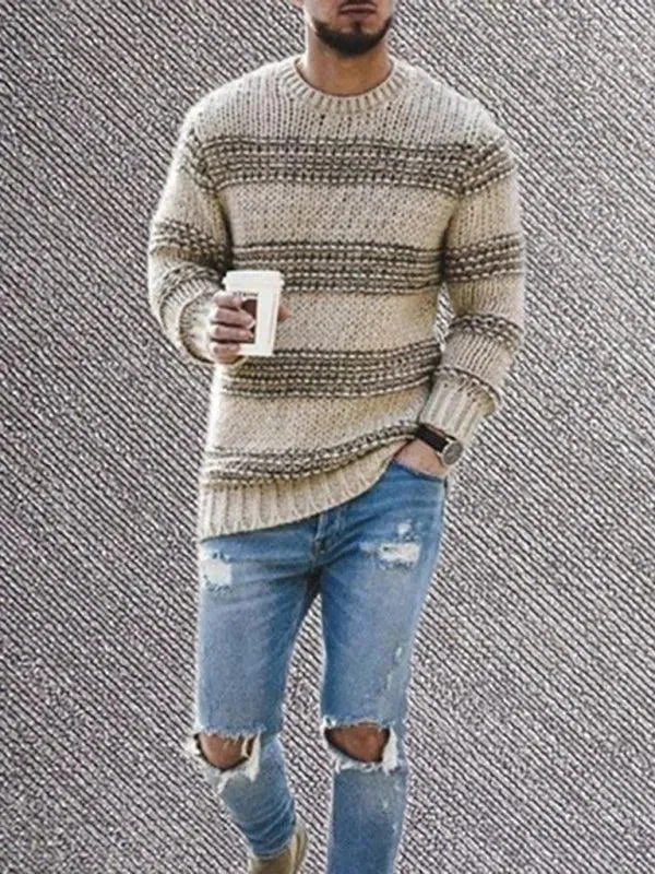 Patterned Men's Fair Isle SweatersStriped Round Neck Men Pullover Sweater