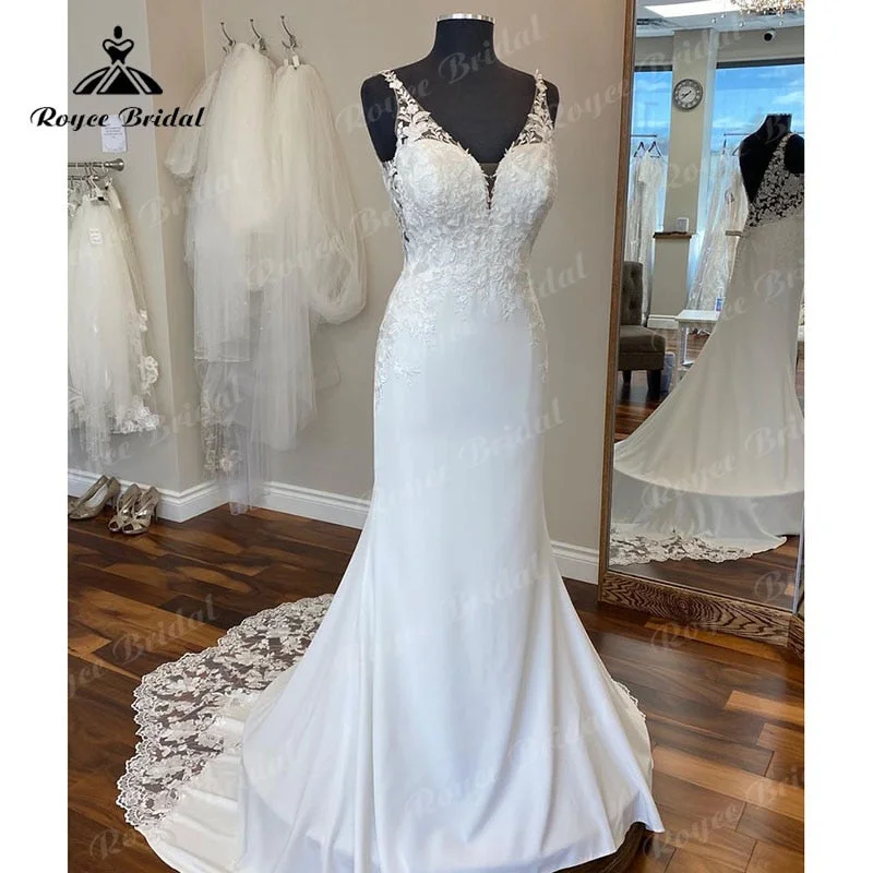 Body-Hugging DressRoycebridal Vintage V Neck Lace Mermaid/Trumpet Wedding Dress Cut-out Apliques Backless 2025 vestido branco sereia Wedding Gwons Body-Hugging DressRoycebridal Vintage V Neck Lace Mermaid/Trumpet Wedding Dress Cut-out Apliques Backless 2025 vestido branco sereia Wedding Gwons