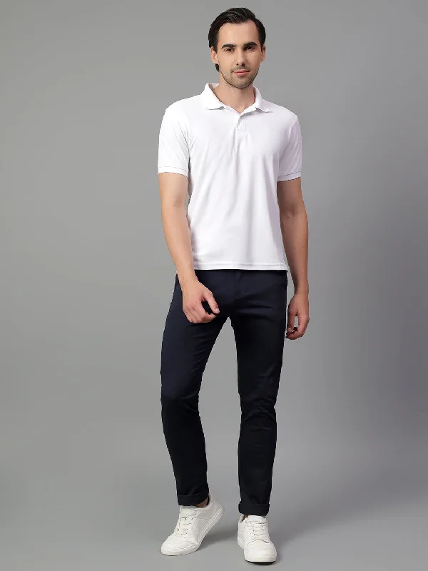 Men's Pants with Faux Leather PatchesMen's Navy Blue Solid Non-Pleated Casual Trouser