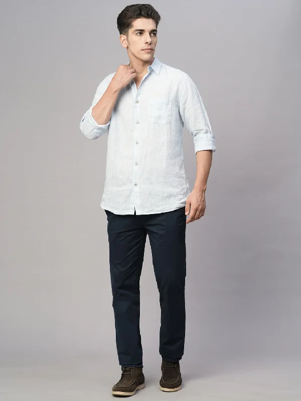 Men's Pants with Appliqué DetailsMen's Blue 100% Linen Regular Fit Shirt