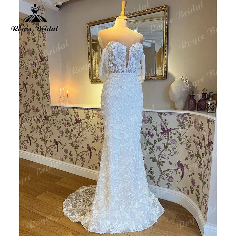 Trumpet Dressrobe de mariée Mermaid/Trumpet Wedding Dress Off the Shoulder V Neck Lace 3D Flowers Bridal Gown vestido de boda corte sirena Trumpet Dressrobe de mariée Mermaid/Trumpet Wedding Dress Off the Shoulder V Neck Lace 3D Flowers Bridal Gown vestido de boda corte sirena