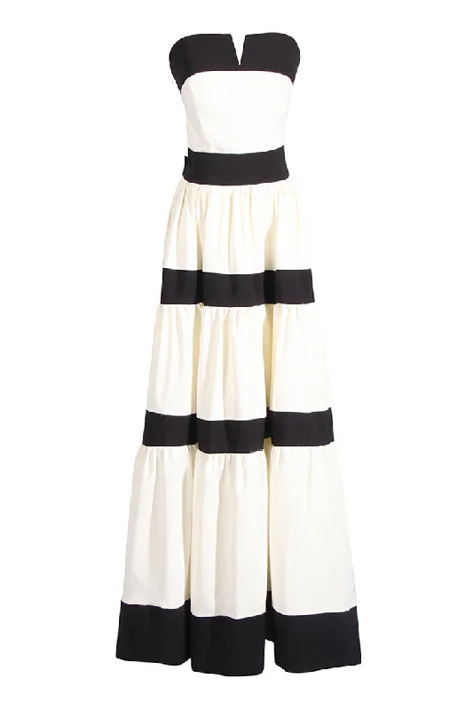 Ruffle DressVintage Bow Notched Strapless Contrast Striped Tiered Evening Maxi Dress Ruffle DressVintage Bow Notched Strapless Contrast Striped Tiered Evening Maxi Dress