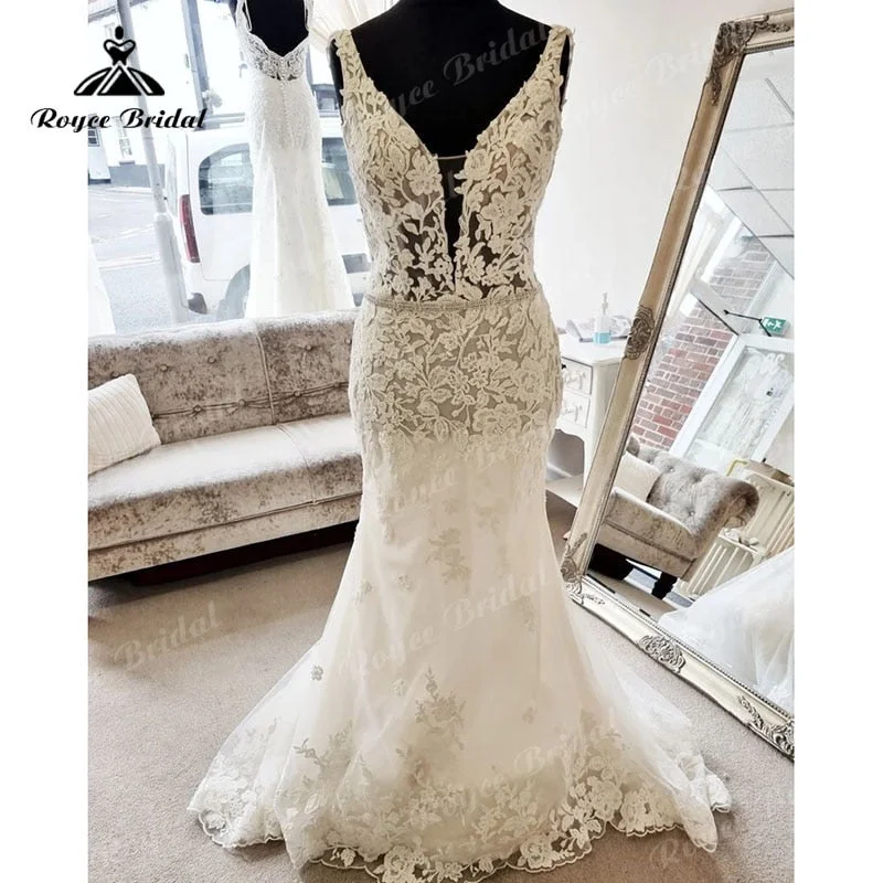 Cocktail DressRoycebridal Sexy Deep V Neck Lace Appliques Backless Mermaid/Trumpet Wedding Dress Sweep Train 2025 Robe Civil Wedding Gowns Vestidos Longos