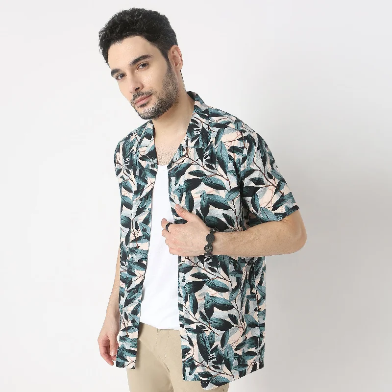 Breathable Men's Athletic ShortsRetreat Shirts - 100% Rayón Regular Fit Printed Cuban Collar Shirt