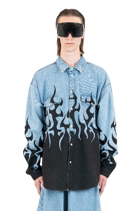 Jeans for Men with a Curvy BodyVetements Flame Print Denim Shirt in Light Blue
