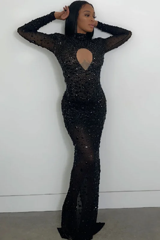 women's wedding guest dressesSparkly Rhinestone Shoulder Pad Sleeved Sheer Mesh Maxi Evening Maxi Dress - Black women's wedding guest dressesSparkly Rhinestone Shoulder Pad Sleeved Sheer Mesh Maxi Evening Maxi Dress - Black