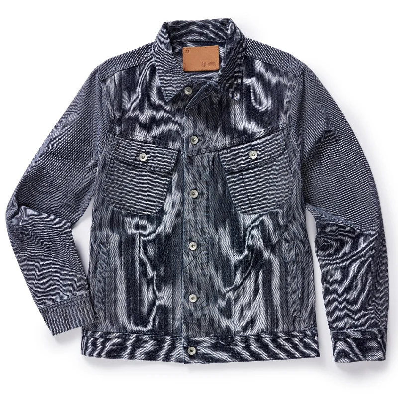 Men's Coats with Fur TrimThe Long Haul Jacket in Washed Indigo Stripe