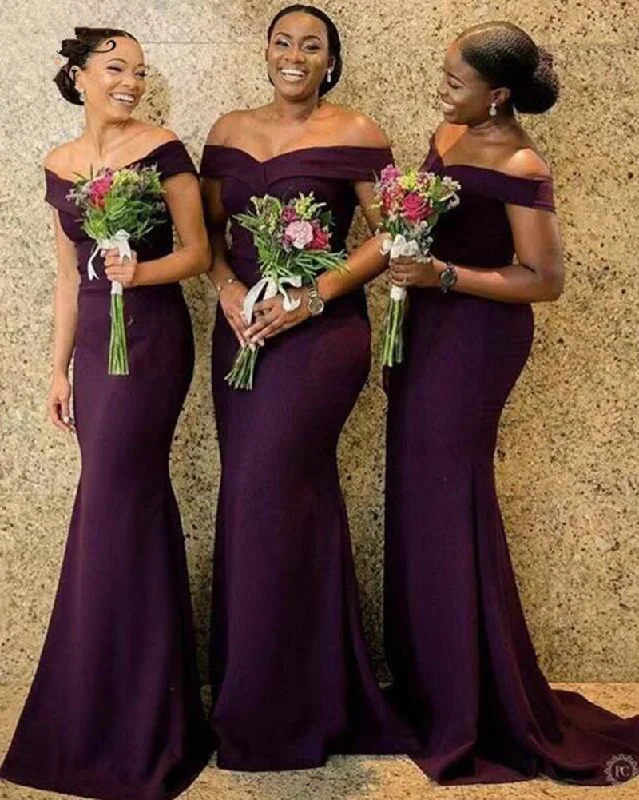 women's bespoke dressesStylish Grape Purple African Off The Shoulder Satin Long Bridesmaid Dresses Ruched Sweep Train Wedding Guest Maid Of Honor Dresses PL10305 women's bespoke dressesStylish Grape Purple African Off The Shoulder Satin Long Bridesmaid Dresses Ruched Sweep Train Wedding Guest Maid Of Honor Dresses PL10305