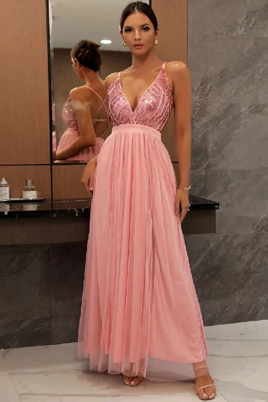 women's solid color dressesSparkly Sequined Deep V High Split Backless Evening Maxi Dress - Pink women's solid color dressesSparkly Sequined Deep V High Split Backless Evening Maxi Dress - Pink