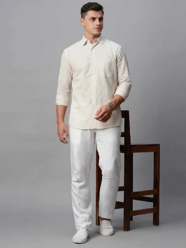 Men's Pants with Pleated FrontsMen's Khaki Linen Cotton Regular Fit Striped Shirt