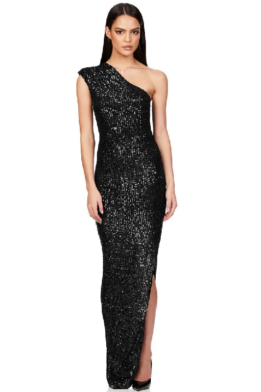 women's evening dressesElegant Padded One Shoulder Split Sequin Evening Maxi Dress - Black women's evening dressesElegant Padded One Shoulder Split Sequin Evening Maxi Dress - Black