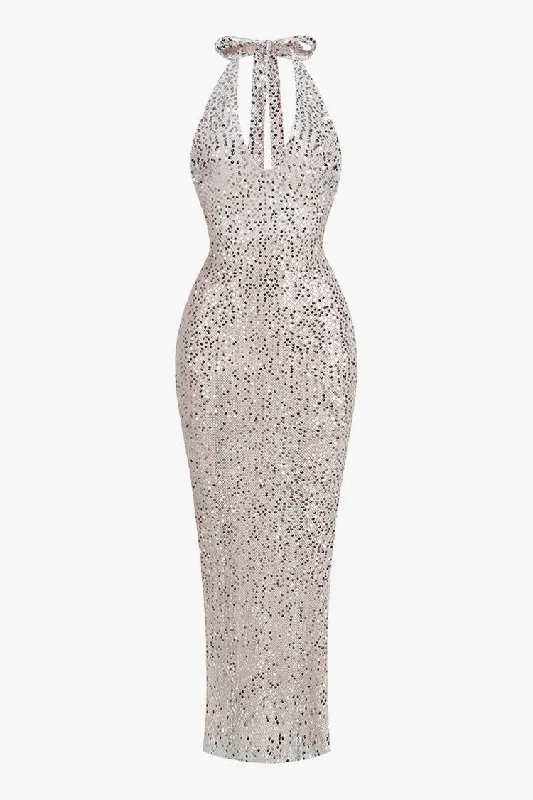 Casual DressLuminous Sequin Mesh Plunge Halter Backless Mermaid Evening Maxi Dress