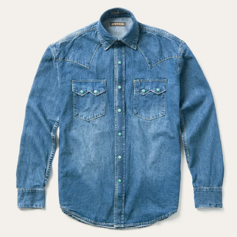 Men's Jeans with RipsTurquoise Snap Western Denim Shirt