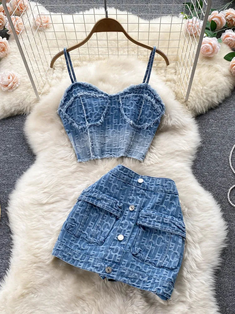Men's Jeans with PocketsSexy Denim Set Strapless Sling Zipper Design Crop Top + Short Button Mini Shorts Skirt Jeans Two Piece Suits Men's Jeans with PocketsSexy Denim Set Strapless Sling Zipper Design Crop Top + Short Button Mini Shorts Skirt Jeans Two Piece Suits