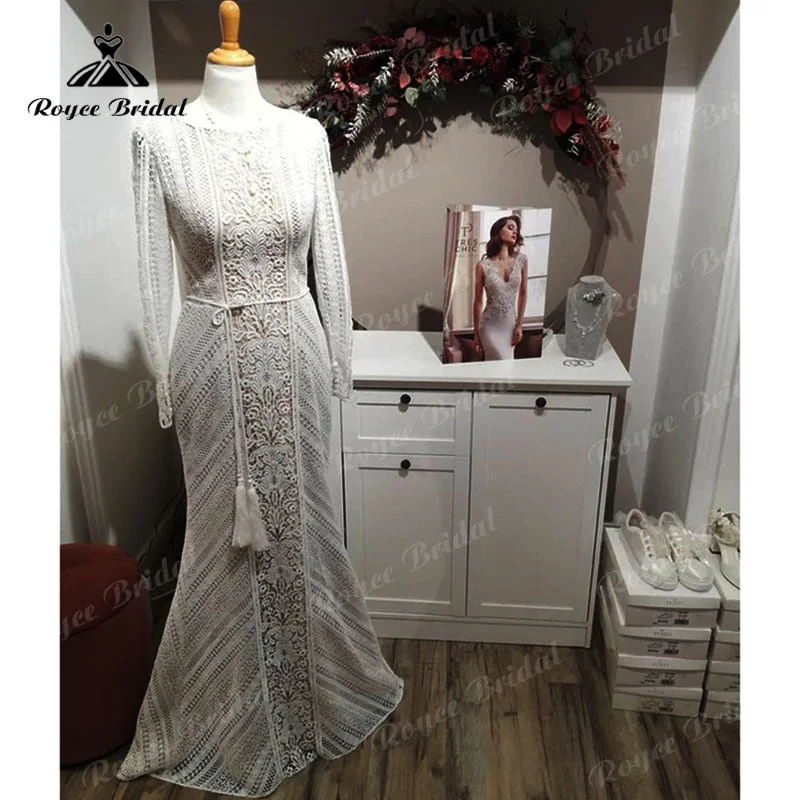 Bell-Sleeve DressRoycebridal Roycebridal Boho Mermaid/Trumpet Wedding Dress 2025 Long Sleeve Lace Open Back Bohemian vestido de fiesta de boda Beach Bridal