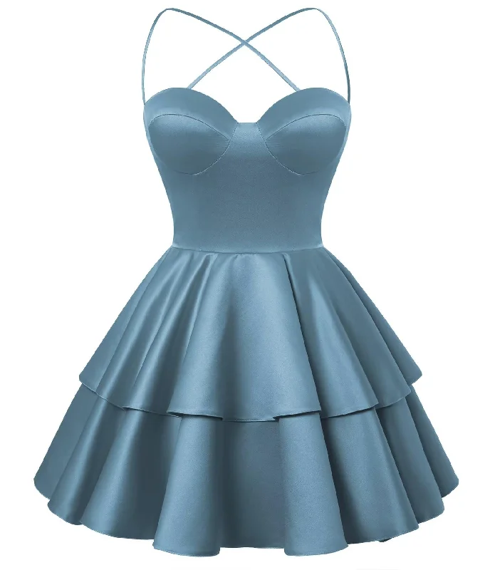 Laced DressDusty Blue Satin Homecoming Dress Sweetheart Neck Tiered Short Graduation Dresses Laced DressDusty Blue Satin Homecoming Dress Sweetheart Neck Tiered Short Graduation Dresses
