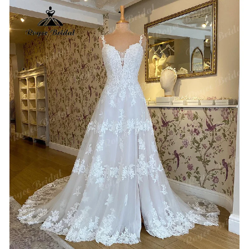Button-Down DressRoycebridal Generous V Neck Lace Appliques Spaghetti Straps Split Side Civil Wedding Dress 2025 Vestido Novia Bridal Gown Women Roycebridal