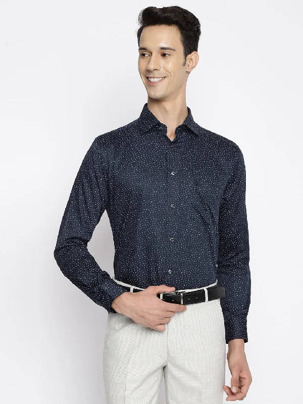 Men's Board Shorts for SurfingMen's Navy Blue Formal Ditsy Print Full Sleeve Shirt