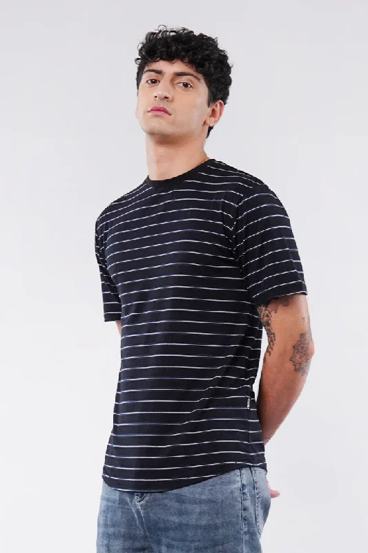 Men's Shirts with Graphic SleevesStriped Curved Hem T-Shirt - Black