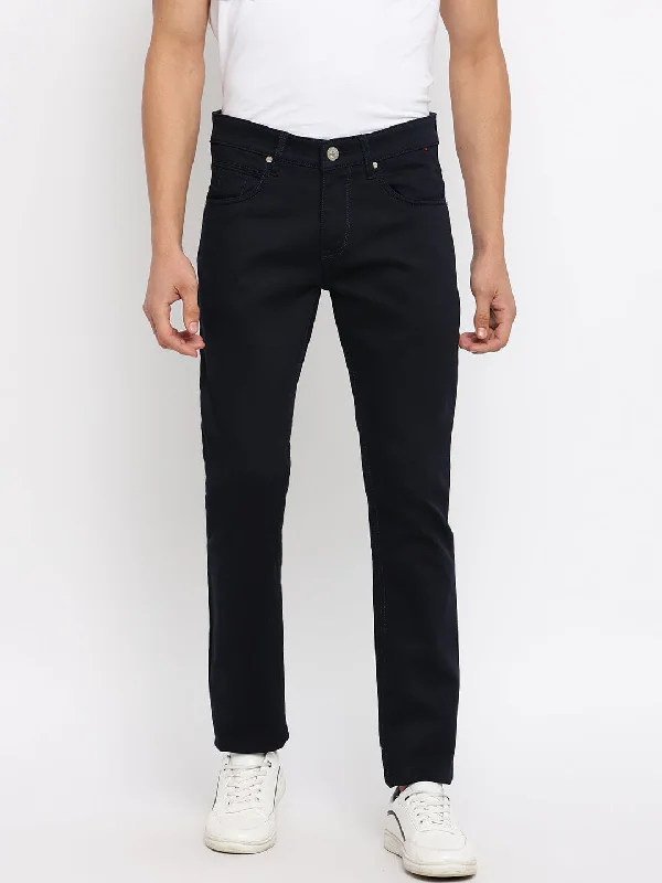 Men's Pants with Hidden ButtonsMen's Casual Flat front Navy Blue  Trousers