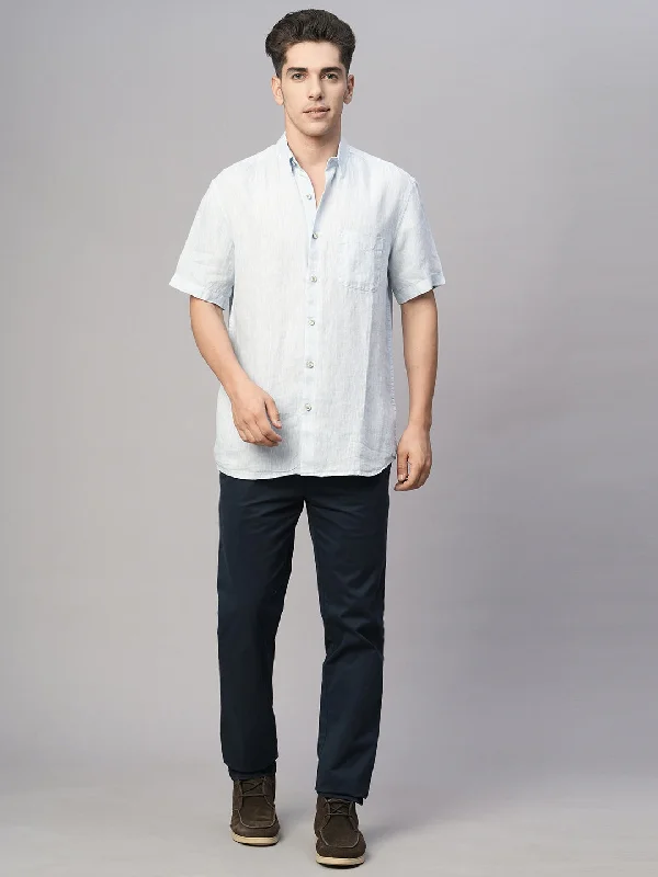 Men's Pants with Adjustable CuffsMen's Blue 100% Linen Regular Fit Shirt