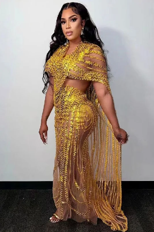 women's eco-friendly dressesSparkly Rhinestone Sequined Sheer Mesh Cutout Cape Evening Maxi Dress - Gold women's eco-friendly dressesSparkly Rhinestone Sequined Sheer Mesh Cutout Cape Evening Maxi Dress - Gold