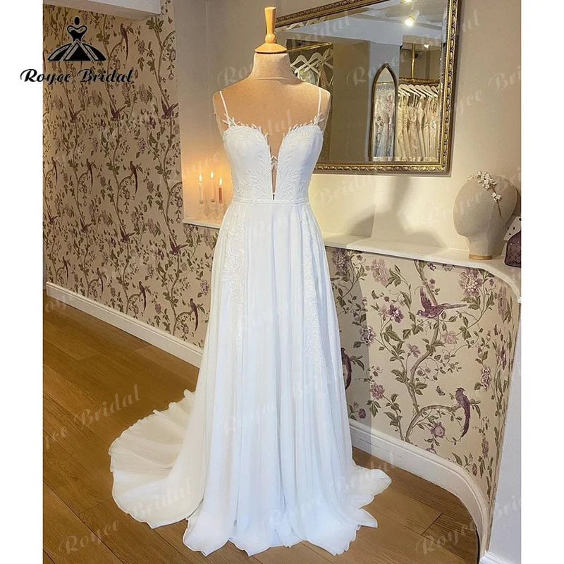 Chiffon DressRoycebridal Trouwjurk Simple A Line Spaghetti Straps Wedding Dress Deep V Neck Open Back Lace Customized Civil Bridal Gown Vestidos de Novia