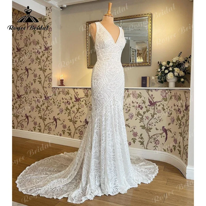 Ribbon Dresstrajes de novias largos Mermaid/Trumpet Wedding Dress V Neck Tank Open Back Lace Sleeveless vestido de boda corte sirena Ribbon Dresstrajes de novias largos Mermaid/Trumpet Wedding Dress V Neck Tank Open Back Lace Sleeveless vestido de boda corte sirena