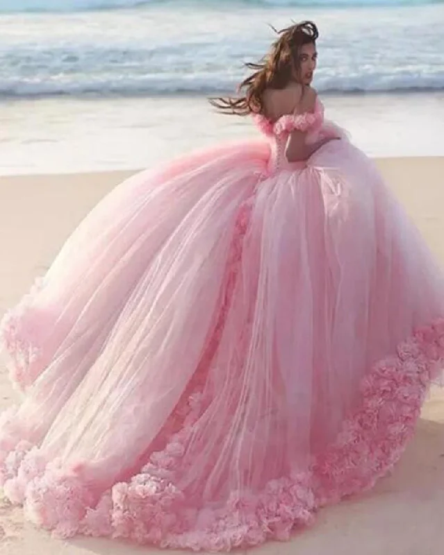 High-Low DressRomantic Poofy Pink Floral Wedding Dresses Off the Shoulder Ball Gown Quinceanera Dress WD5569