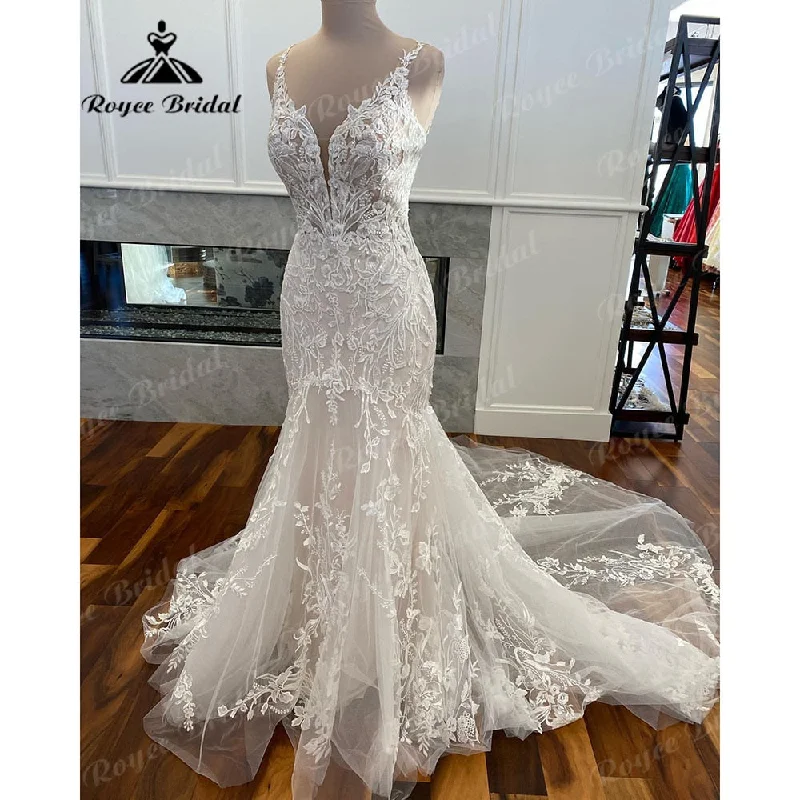 Crepe DressRoycebridal Luxury Mermaid/Trumpet Lace Wedding Dress for Women 2025 Wedding Gowns Spaghetti Straps vestido de boda corte sirena Roycebridal