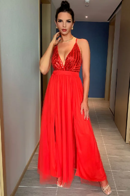 women's checkered dressesSparkly Sequined Deep V High Split Backless Evening Maxi Dress - Red women's checkered dressesSparkly Sequined Deep V High Split Backless Evening Maxi Dress - Red