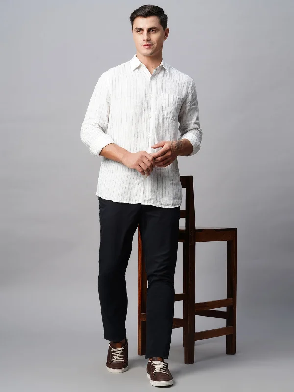 Classic Men's JeansMen's White 100% Linen Regular Fit Long Sleeved Striped Shirt