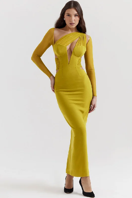 Nursing DressSexy Sheer Ruched One Shoulder Cutout Bodycon Evening Maxi Dress - Yellow Nursing DressSexy Sheer Ruched One Shoulder Cutout Bodycon Evening Maxi Dress - Yellow