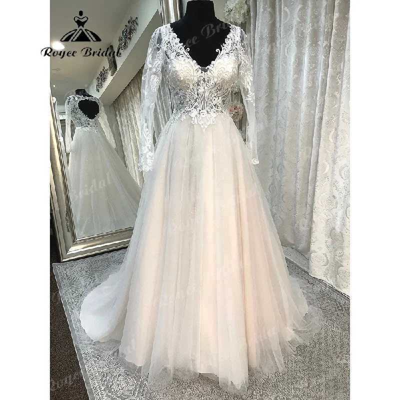 women's glam dressesRoycebridal Brautkleid Long Sleeve V Neck Lace Bodice Open Back Beach Boho Wedding Dress 2025 Generous Bridal Wedding Gown robe mariage Sexy women's glam dressesRoycebridal Brautkleid Long Sleeve V Neck Lace Bodice Open Back Beach Boho Wedding Dress 2025 Generous Bridal Wedding Gown robe mariage Sexy