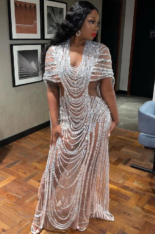 Glamour DressSparkly Rhinestone Sequined Sheer Mesh Cutout Cape Evening Maxi Dress - Silver Glamour DressSparkly Rhinestone Sequined Sheer Mesh Cutout Cape Evening Maxi Dress - Silver