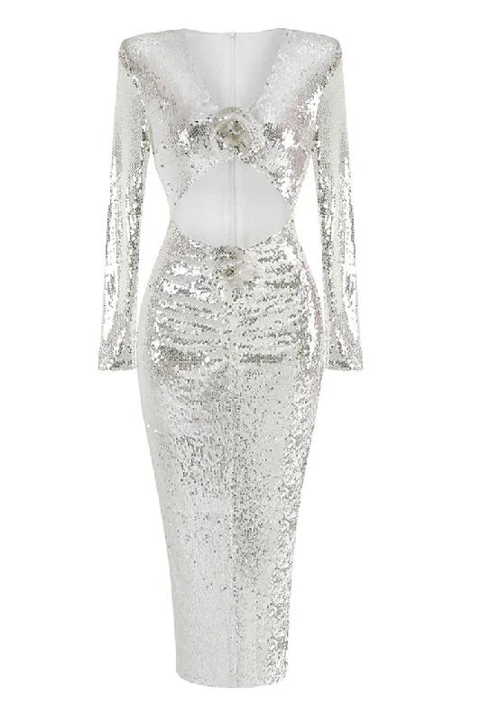 Pearl DressSparkly Sequin Rosette V Neck Long Sleeve Ruched Cut Out Evening Maxi Dress Pearl DressSparkly Sequin Rosette V Neck Long Sleeve Ruched Cut Out Evening Maxi Dress