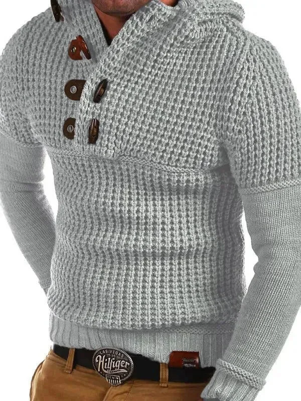 Solid-Colored Men's SweatersHorn Button Hooded Men Pullover Sweater