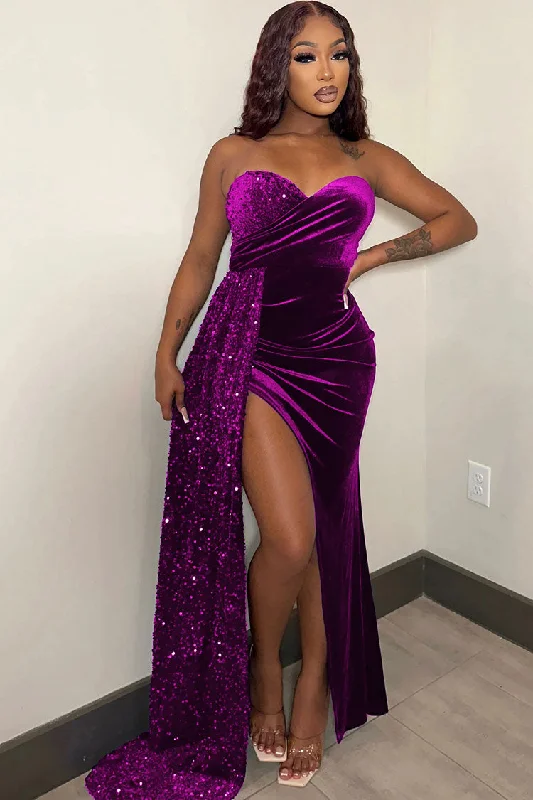Cheetah Print DressSparkly Sequin Strapless Draped High Split Velvet Evening Maxi Dress - Fuchsia Cheetah Print DressSparkly Sequin Strapless Draped High Split Velvet Evening Maxi Dress - Fuchsia