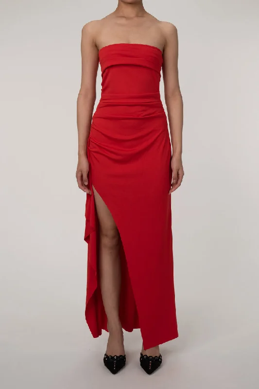 Solid Color DressMinimalist Pleated Strapless Gathered High Split Summer Evening Maxi Dress Solid Color DressMinimalist Pleated Strapless Gathered High Split Summer Evening Maxi Dress