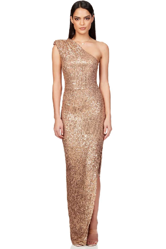 women's denim dressesElegant Padded One Shoulder Split Sequin Evening Maxi Dress - Champagne women's denim dressesElegant Padded One Shoulder Split Sequin Evening Maxi Dress - Champagne