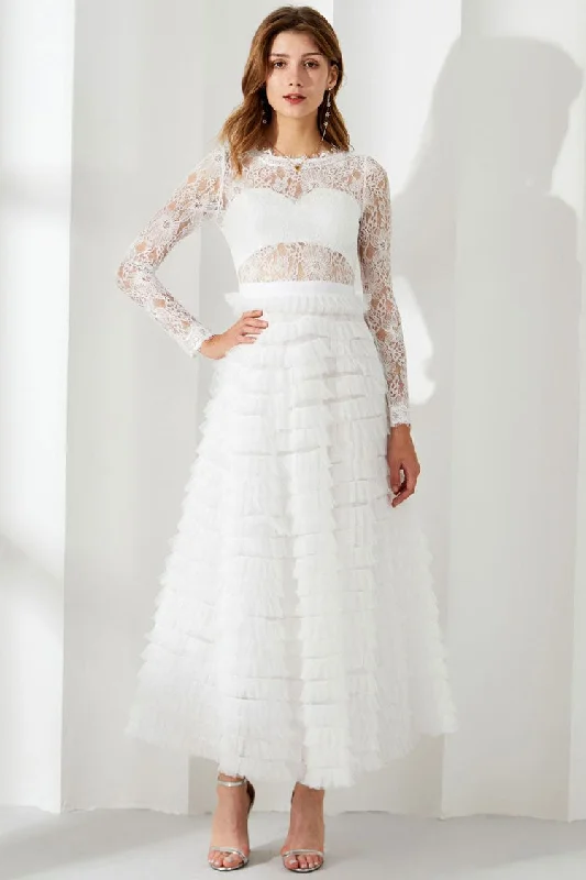 Designer DressChic Eyelash Lace Long Sleeve Tiered Ruffle Tulle Evening Maxi Dress - White Designer DressChic Eyelash Lace Long Sleeve Tiered Ruffle Tulle Evening Maxi Dress - White
