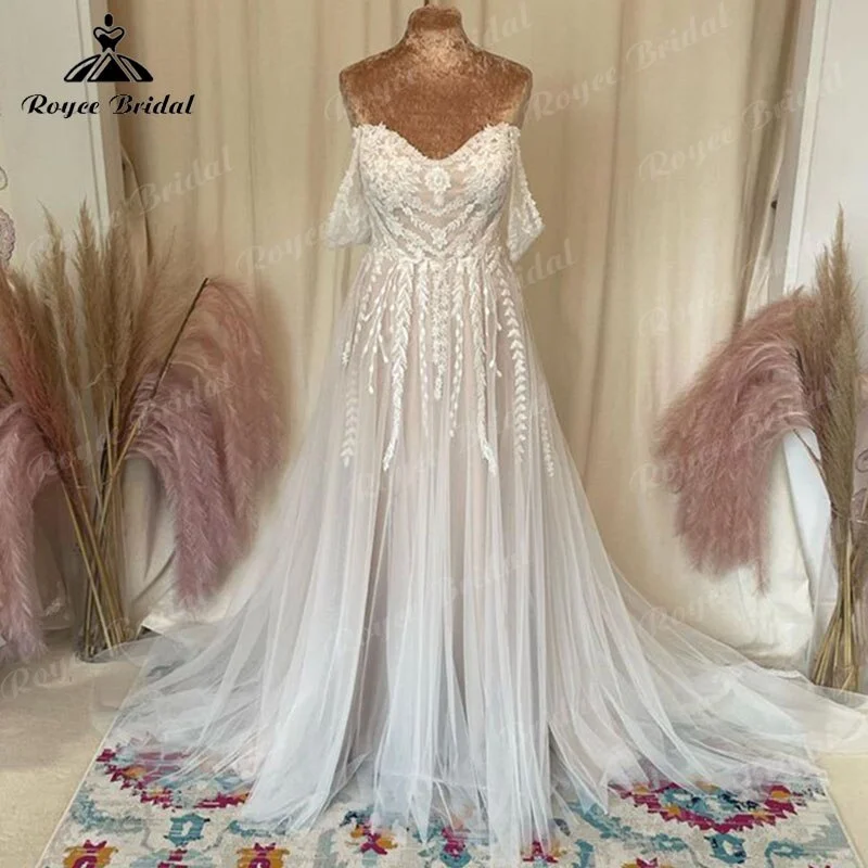women's club dressesRoycebridal Blush Pink A Line Boho Civil Wedding Dress Lace Appliques Tulle Off the Shoulder Court Train 2025 Bridal Gown for Women Elegant women's club dressesRoycebridal Blush Pink A Line Boho Civil Wedding Dress Lace Appliques Tulle Off the Shoulder Court Train 2025 Bridal Gown for Women Elegant