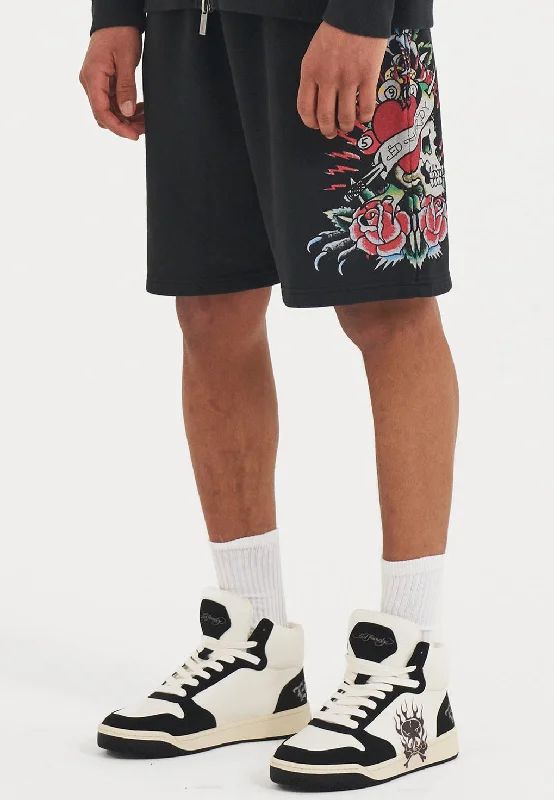 Men's Pants with Slant PocketsMens Panther & Roses Sweat Shorts - Black