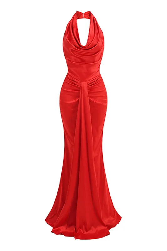 Denim DressSilky Satin Halter Cowl Neck Draped Ruched Fishtail Evening Maxi Dress